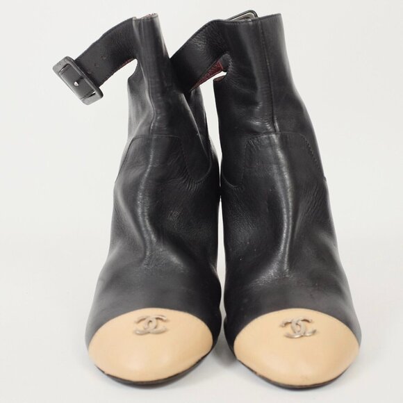 Chanel 39 US 9 ankle boots shoes CC logo beige toecap ankle strap 2007 - Picture 5 of 11